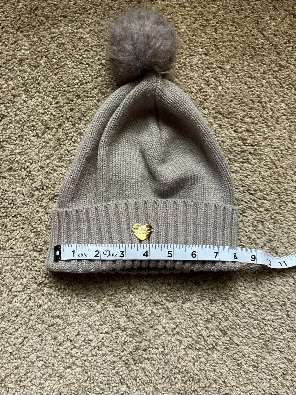 Grey Pom Beanie with Heart Accent